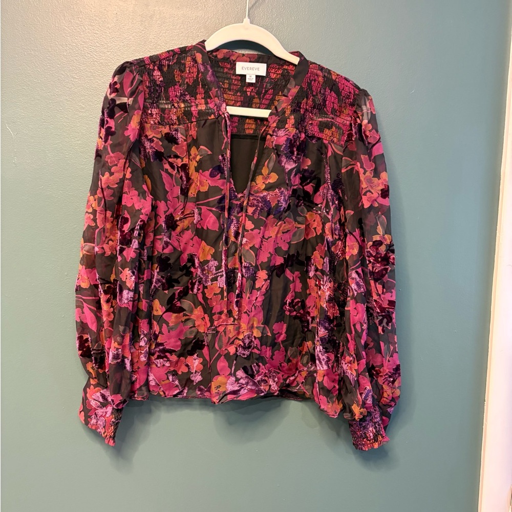 EVEREVE Floral Velvet Burnout Smocked Sheer Feminine Flowy Office Blouse size M - Picture 3 of 7